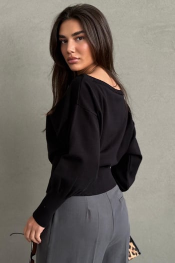 Siyah Ribbed Asimetrik Kesimli Kadın Kazak MG2744
