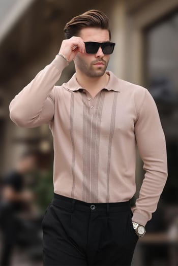 Bej Polo Yaka Çizgili Erkek Triko Kazak 7265