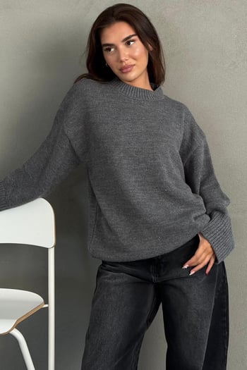 Antrasit Bisiklet Yaka Oversize Uzun Kadın Triko Kazak MG2890
