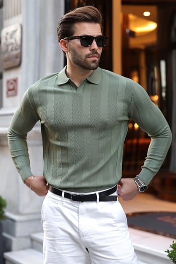 Haki Regular Fit Polo Yaka Triko Erkek Kazak E7509