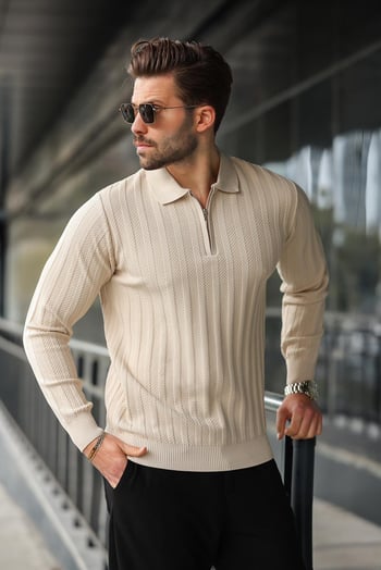 Taş Rengi Yarım Fermuarlı Polo Yaka Triko Kazak E7426