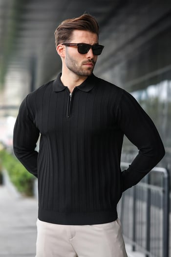 Siyah Yarım Fermuarlı Polo Yaka Triko Kazak E7426