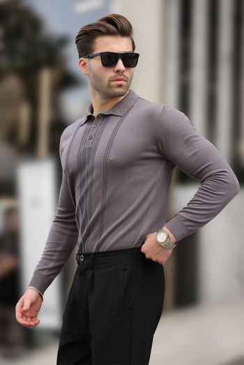 Koyu Gri Polo Yaka Çizgili Erkek Triko Kazak 7265