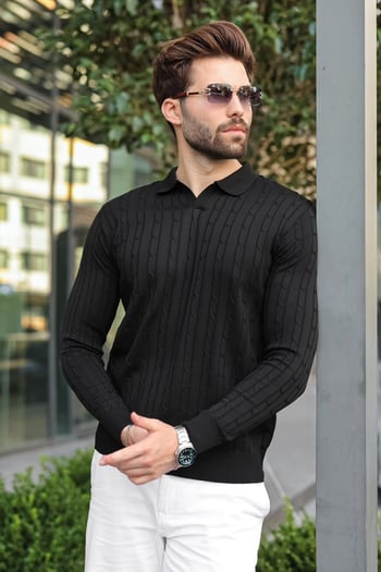 Siyah Polo Yaka Saç Örgü Desenli Erkek Triko Kazak E7519