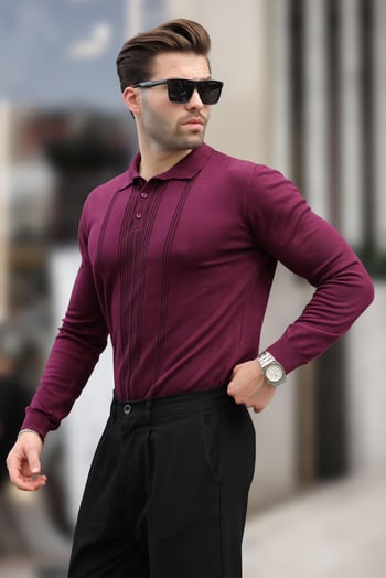 Mor Polo Yaka Çizgili Erkek Triko Kazak 7265