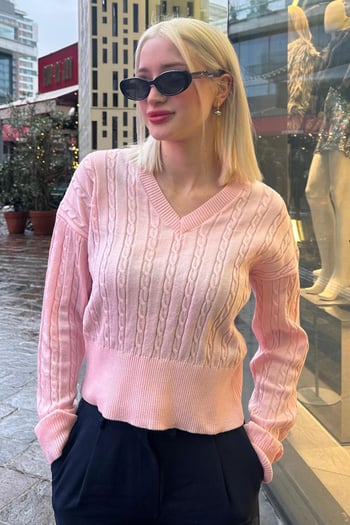 Pembe V  Yaka Örgülü Triko Kadın Kazak MG2258