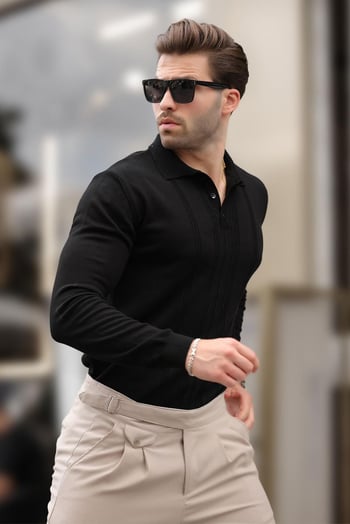 Siyah Polo Yaka Çizgili Erkek Triko Kazak 7265