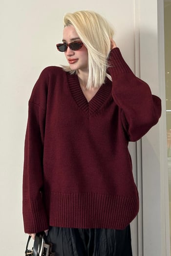 Koyu Bordo V Yaka Oversize Kadın Triko Kazak MG2149