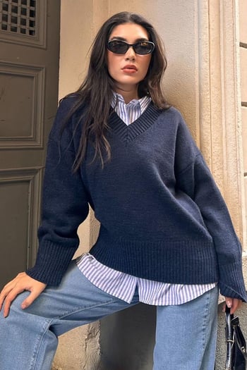 Lacivert V Yaka Oversize Kadın Triko Kazak MG2149
