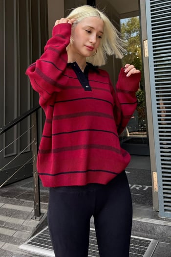 Bordo Rengi Çizgili Polo Yaka Kadın Kazak Mg2476
