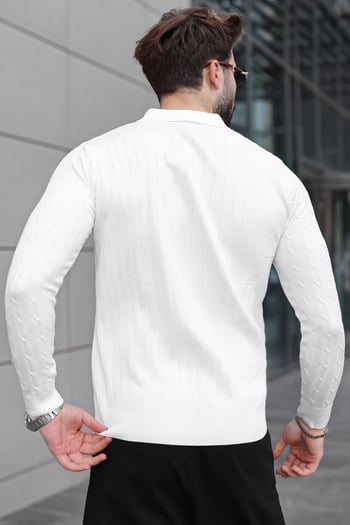 Beyaz Polo Yaka Saç Örgü Desenli Erkek Triko Kazak E7519