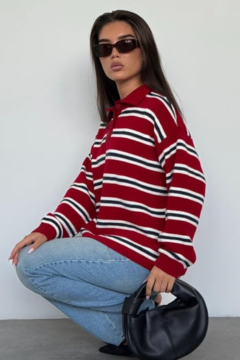 Kırmızı Polo Yaka Çizgili Kadın Triko Kazak Mg2469