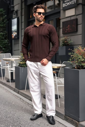 Kahverengi Polo Yaka Desenli Over Fit Erkek Triko Kazak E7517