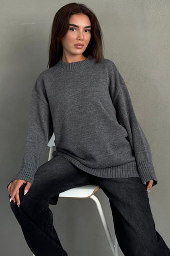 Antrasit Bisiklet Yaka Oversize Uzun Kadın Triko Kazak MG2890