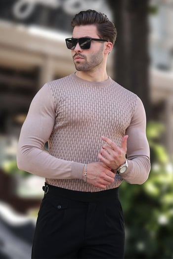 Bej Desenli Erkek Triko Kazak 7266