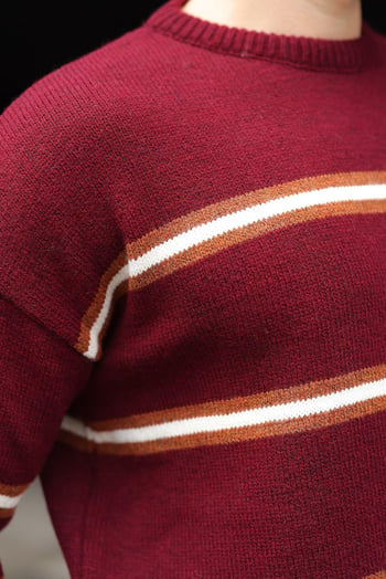 Bordo Çizgili Triko Erkek Kazak E7457