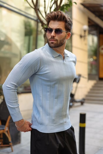 Bebe Mavisi Regular Fit Polo Yaka Triko Erkek Kazak E7509