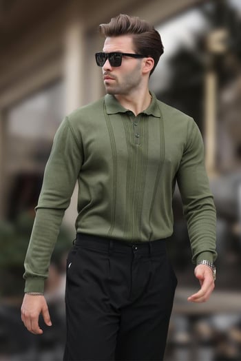 Haki Polo Yaka Çizgili Erkek Triko Kazak 7265