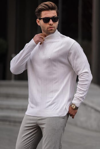 Ekru Slim Fit Yarım Balıkçı Yaka  Çizgili Tüylenmeyen Erkek Triko Kazak 6344