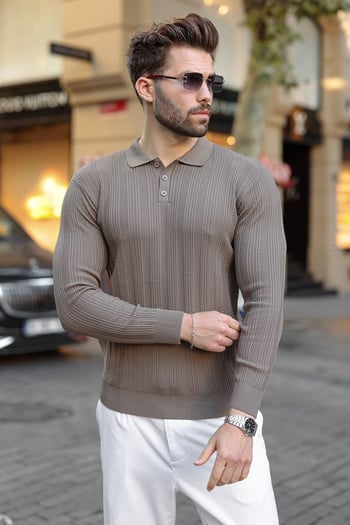 Açık Kahverengi Düğmeli Polo Yaka Desenli Over Fit Erkek Triko Kazak E7520