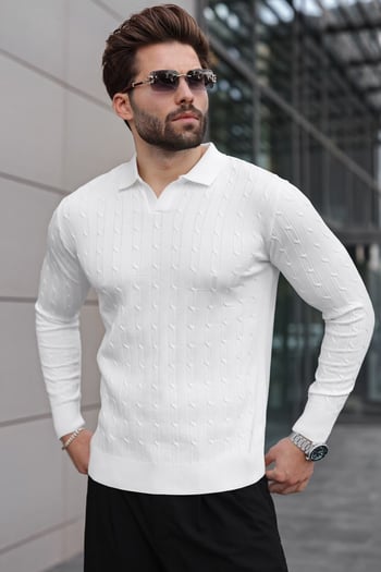 Beyaz Polo Yaka Saç Örgü Desenli Erkek Triko Kazak E7519