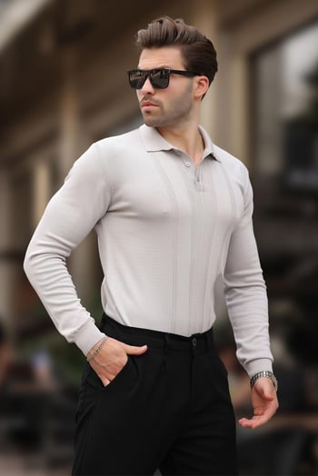 Gri Polo Yaka Çizgili Erkek Triko Kazak 7265