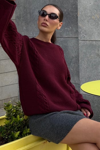 Bordo Bisiklet Yaka Örgü Desen Kadın Triko Kazak MG2601