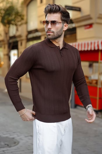 Kahverengi Düğmeli Polo Yaka Desenli Over Fit Erkek Triko Kazak E7520