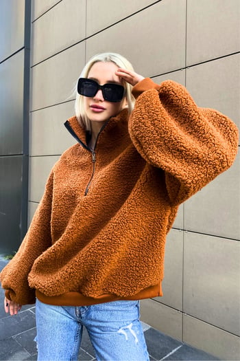 Kiremit Peluş Fermuar Yaka Sweatshirt MG1413