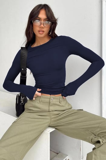 Lacivert Bisiklet Yaka Basic Uzun Kollu Bluz MG1701