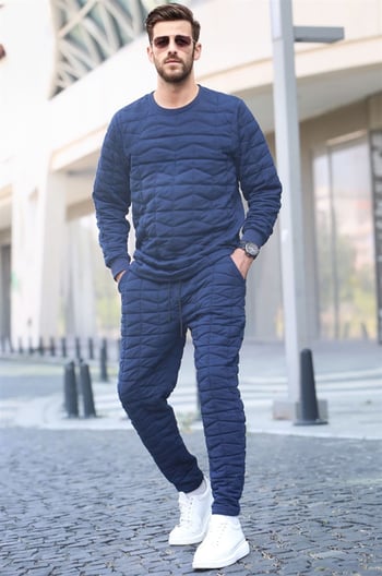 Navy Blue Designed Quilted Tracksuit 5907