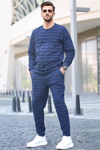 Navy Blue Designed Quilted Tracksuit 5907