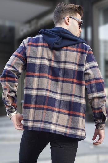 Navy Blue Checkered Hoodie Plaid Shirt 5577