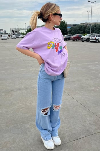 Lila Baskılı Oversize Tişört MG1522