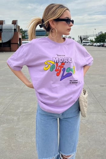Lila Baskılı Oversize Tişört MG1522