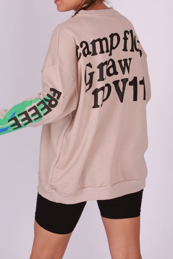 Mad Girls Bej Baskılı Oversize Sweatshirt Mg1206