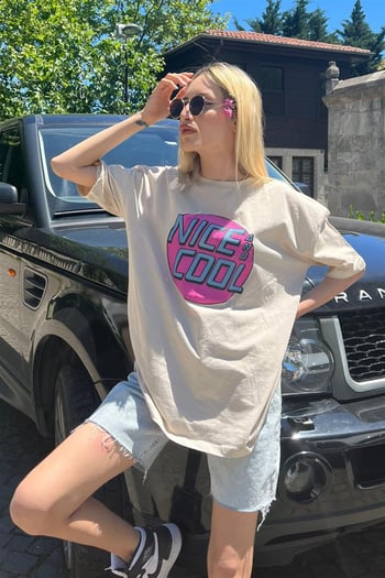 Mad Girls Bej Baskılı Tişört Mg1149