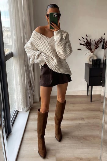 Ekru Oversize V Yaka Triko Kazak MG1440