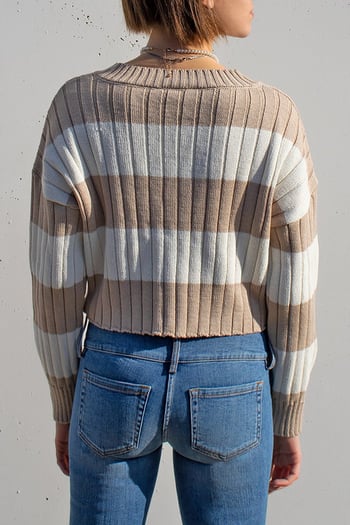 Bej V Yaka Çizgili Crop Kadın Kazak MG1441
