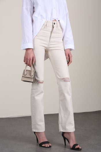 Mad Girls Bej Yırtık Detaylı Dar Kalıp Jean MG1305