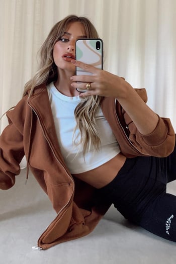 Mad Girls Kahverengi Kapüşonlu Şardonlu Sweatshirt MG1223