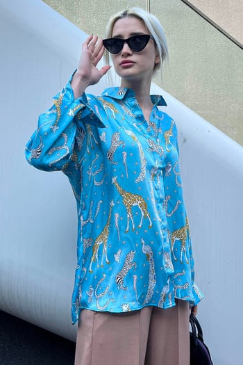 Mad Girls Leoparlı Turkuaz Saten Gömlek MG187