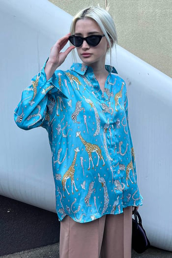 Mad Girls Leoparlı Turkuaz Saten Gömlek MG187