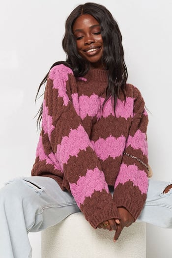Pembe Desenli Oversize Kazak MG1205