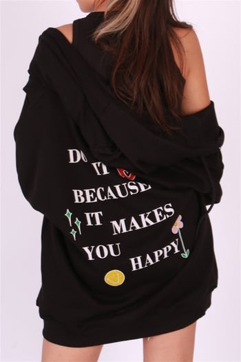 Mad Girls Siyah Kapüşonlu Sırt Baskılı Sweatshirt MG1195