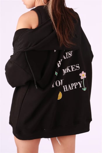 Mad Girls Siyah Kapüşonlu Sırt Baskılı Sweatshirt MG1195