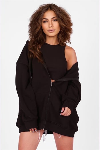 Mad Girls Siyah Kapüşonlu Sırt Baskılı Sweatshirt MG1195
