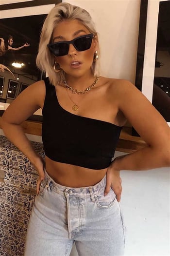 Mad Girls Black One Shoulder Strappy Crop Top MG325