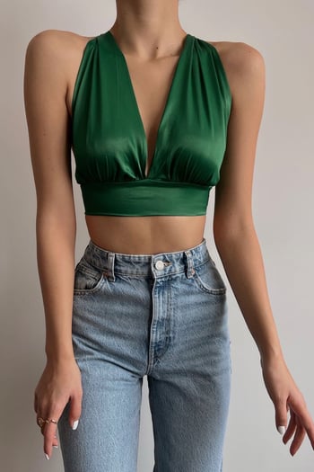 Mad Girls Yeşil Bağlamalı Saten Crop Top MG1396