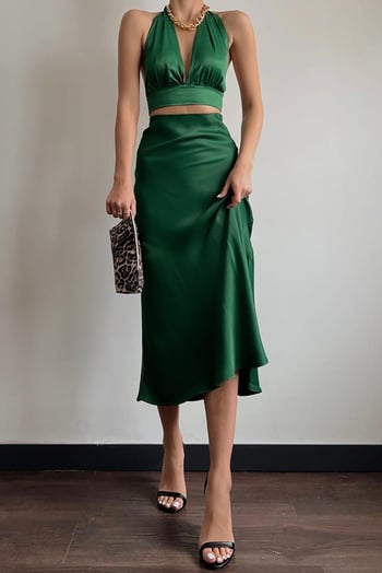 Green Basic Satin Long Skirt MG1409